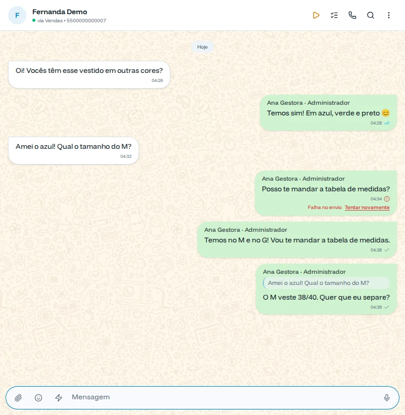 Conversa com a resposta enviada citando a pergunta da cliente