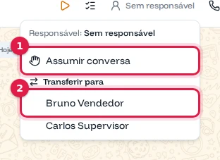 Menu do responsável com Assumir conversa e a lista Transferir para