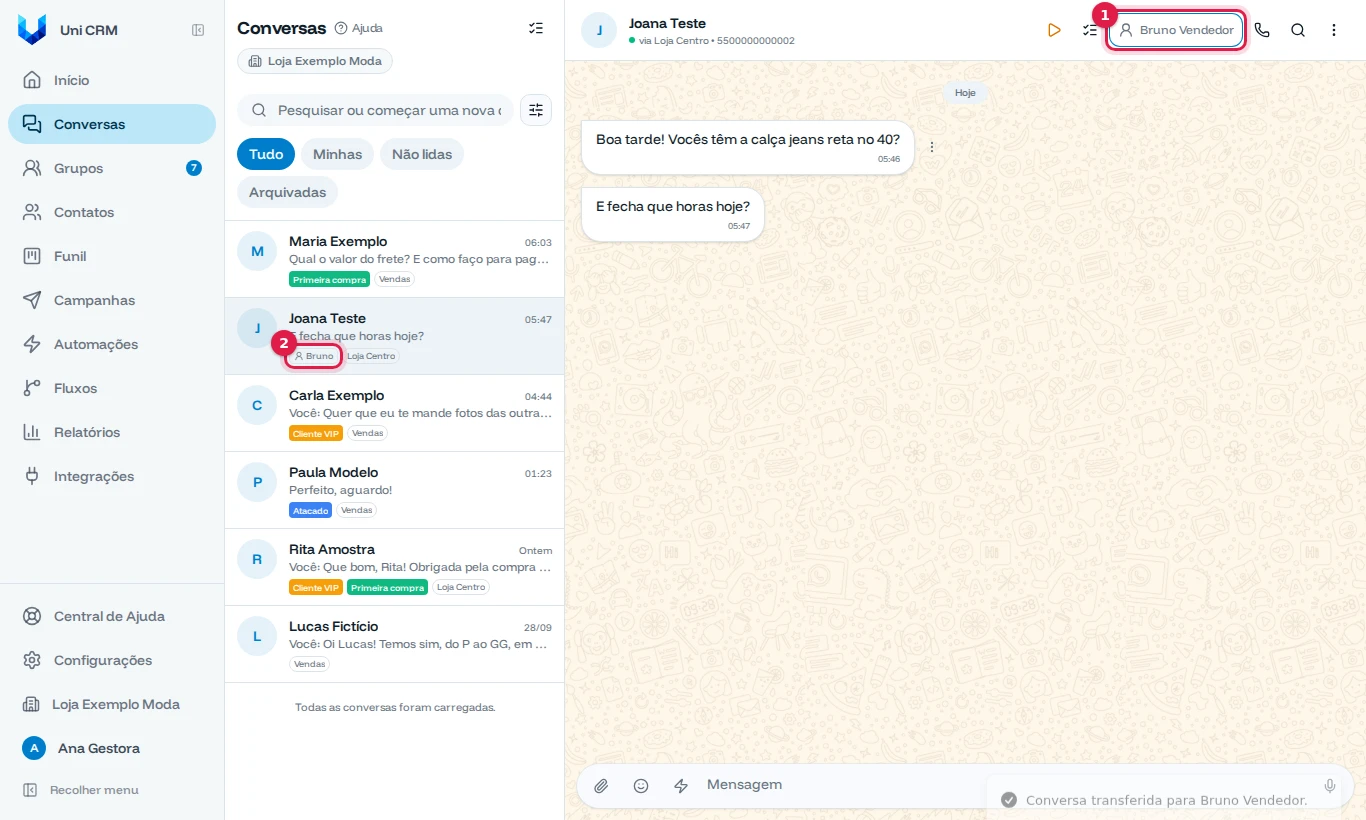 Conversa transferida para Bruno, com o nome no alto e na lista