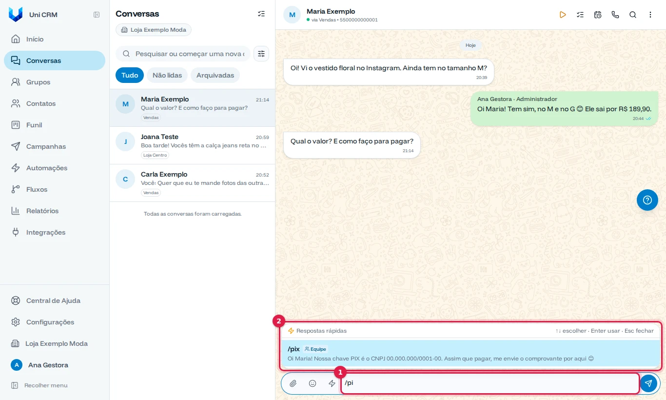 Conversa com /pi digitado e a lista mostrando a resposta /pix