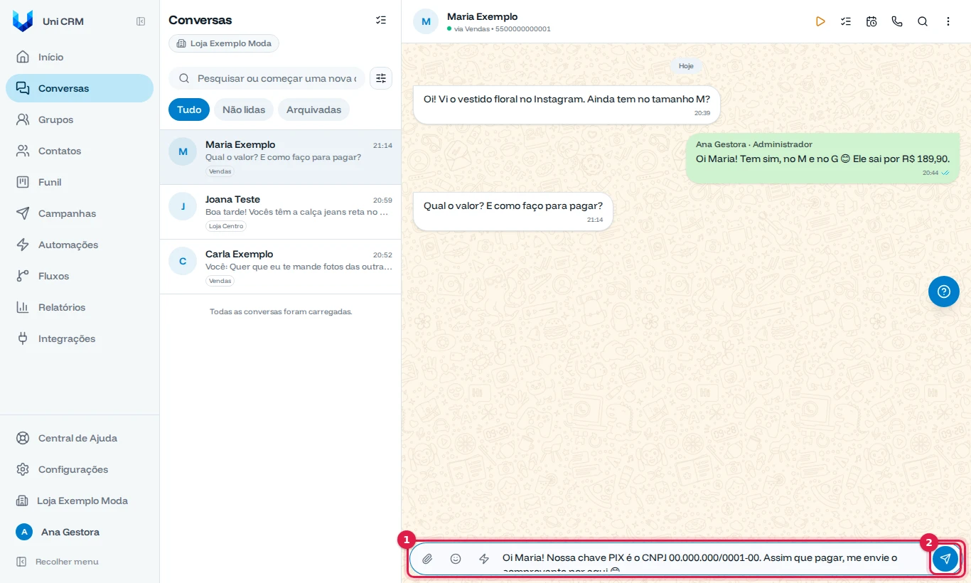 Caixa de mensagem com o texto da resposta /pix preenchido com o nome Maria