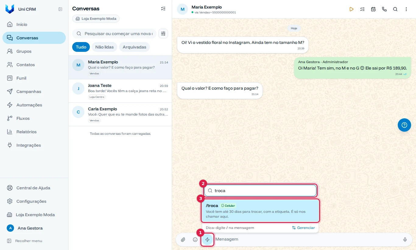 Janela do botão de respostas rápidas com a busca troca e o resultado /troca