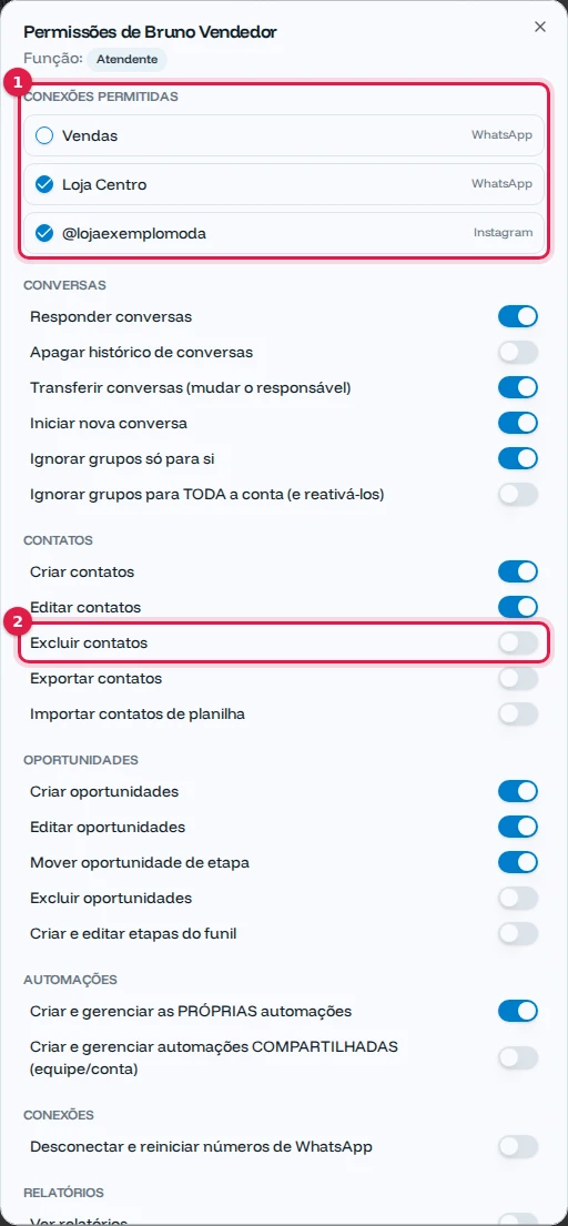 Permissões do Bruno com Loja Centro e o Instagram liberados e as chaves de cada ação