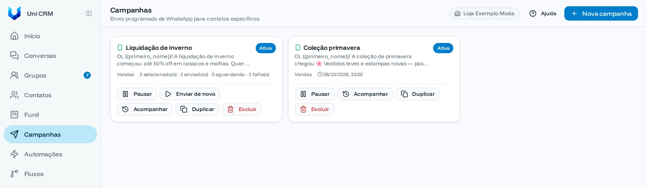 Lista de campanhas de WhatsApp com o andamento dos envios