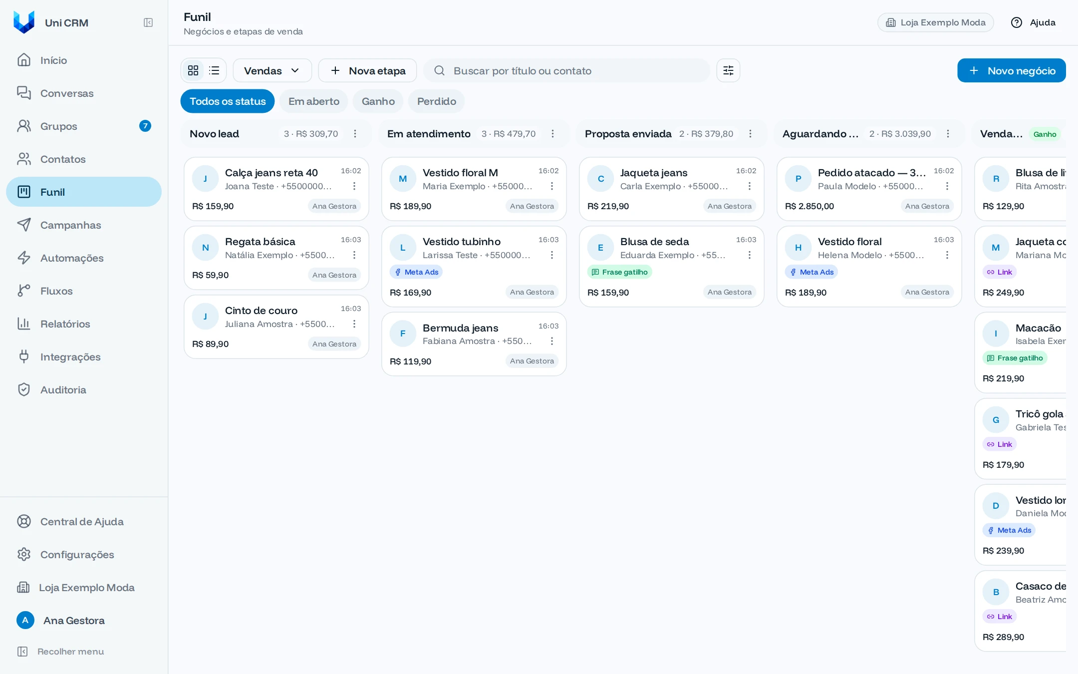 Funil de vendas em quadro com as etapas e os negócios