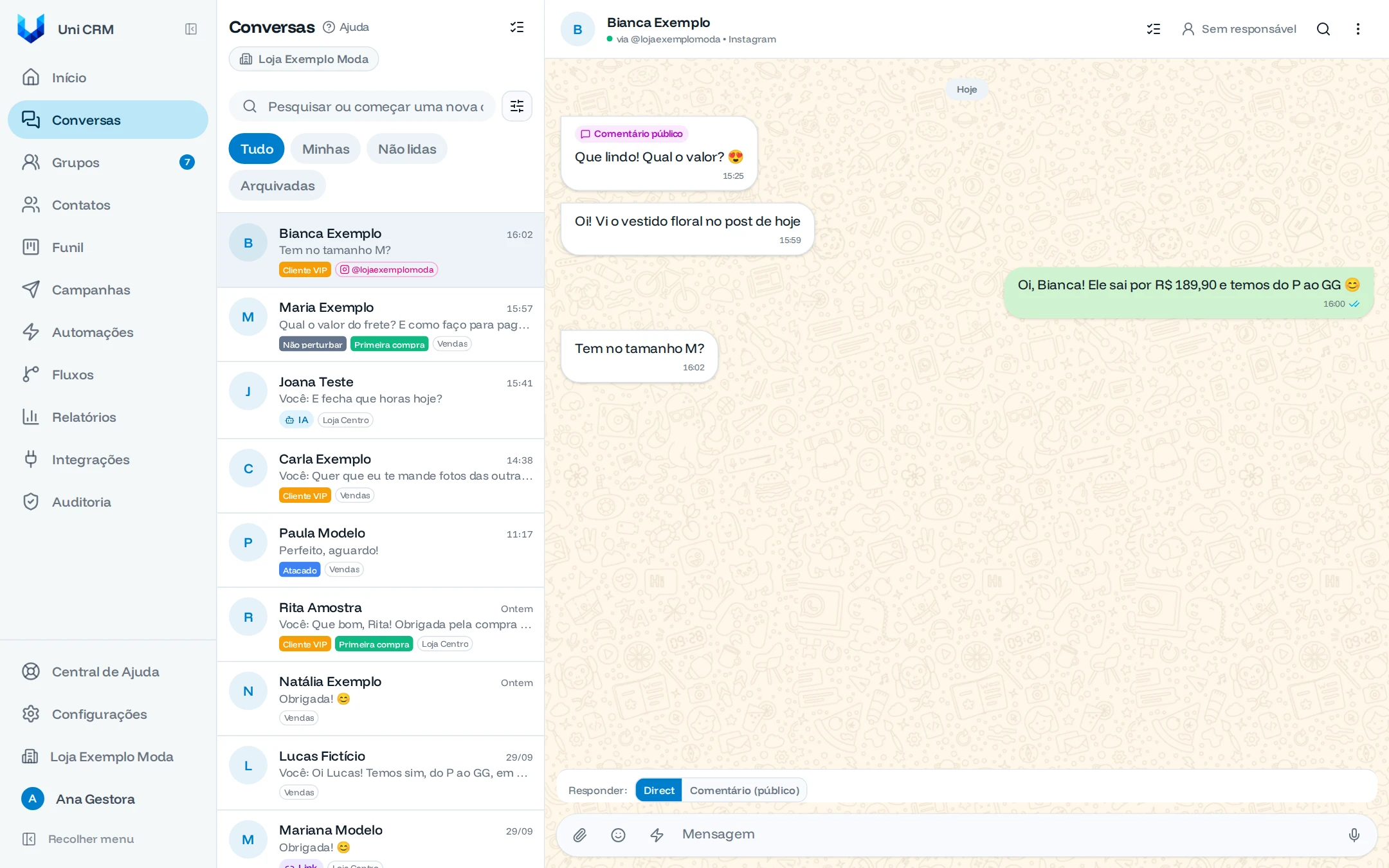 Conversa do Direct do Instagram na mesma tela das conversas do WhatsApp